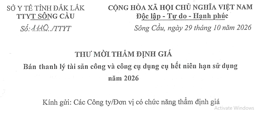 Thư mời thẩm định giá Bán thanh lý tài sản công và công cụ dụng cụ hết hạng sử dụng năm 2026